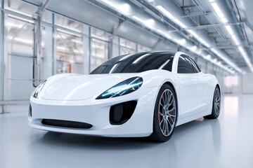 Futuristic white electric sports car charging in modern factory