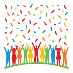 Joyful crowd dancing with falling confetti celebration