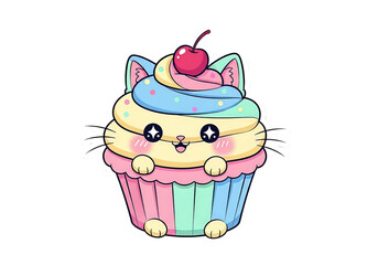 A cute cartoon cupcake with cat ears, colorful frosting, and a cherry on top.
