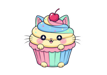 A cute cartoon cupcake with cat ears, colorful frosting, and a cherry on top.