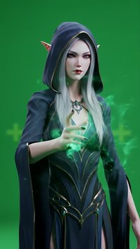 Captivating Elf Character with Pointed Ears and Silver Hair in Detailed Hooded Robe with Gold Trim and Green Screen Background for Game Character or Modeling