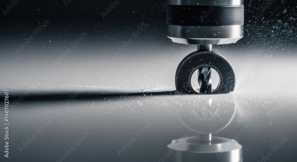 Poster slowmotion footage capturing a drill bit removing material while creating an airswitch button hole f