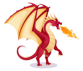 Red fantasy dragon with large wings breathing fire. Vector illustration