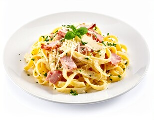 A beautifully presented plate of creamy pasta carbonara, garnished with fresh herbs.