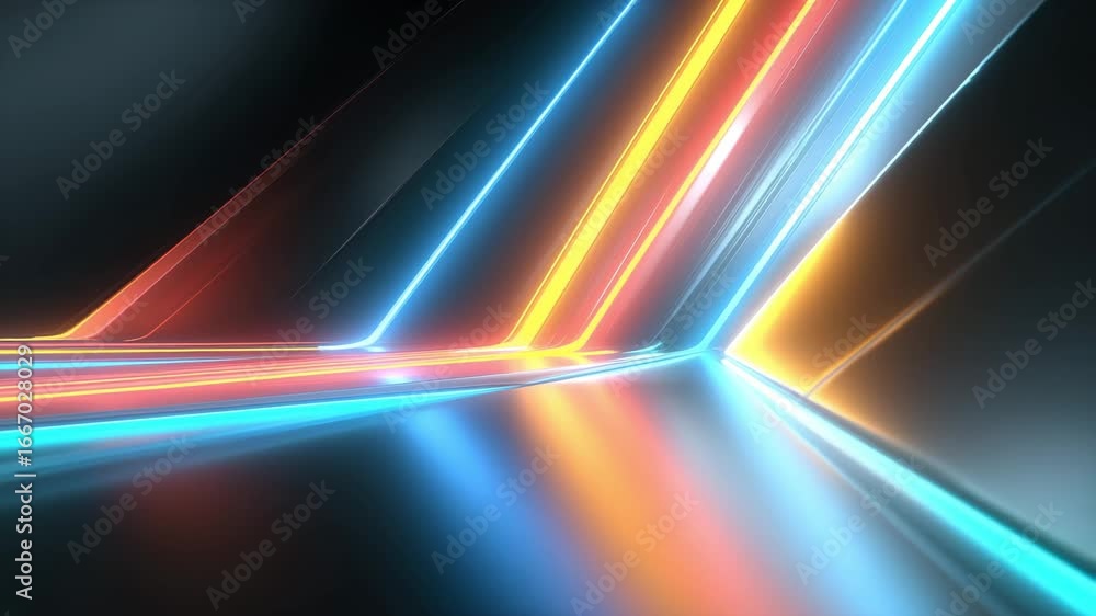 Poster vibrant light patterns in blue, orange, and yellow emerge in an abstract space, creating a captivati