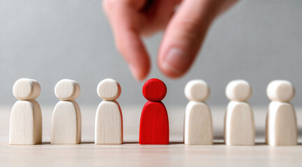 A human hand selects a unique red wooden figure from a row of white figures, symbolizing recruitment and choice.