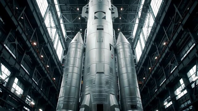 Eye Level Shot of Towering Silver Space Rocket in Bright Industrial Hangar with Complex Metal Structure Design Perfect for Innovation Aerospace and Science Projects or Future Progress Presentation