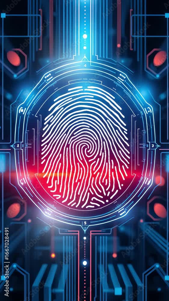 Poster futuristic glowing fingerprint scanner cyber security biometric authentication abstract animation in