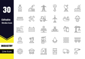 Industry line icons set . Outline thin icons with editable stroke collection of  factory, construction, energy, engineering, tools, transport, mining. vector illustration.