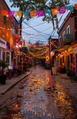 Fototapeta premium Kensington market reflecting in puddles during day of the dead celebration