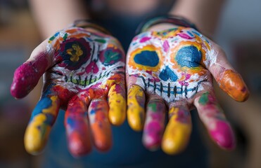 Woman showing colorful painted hands with skulls for day of the dead