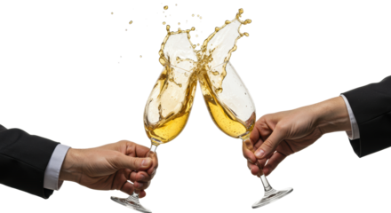 Two elegant crystal flutes clinking, golden effervescent liquid splashing dynamically in a professional studio with transparent backdrop and high-key light. Concept of triumph and joy