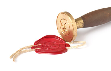 Beautiful wax stamp and red seal with twine isolated on white
