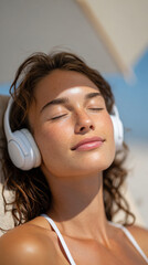 Naklejka premium Relaxed young woman enjoying the sun on a beach holiday under umbrella, perfect for summer vacation concepts