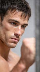 Obraz premium Intense young athlete practicing elbow drill in gym with mirror wall