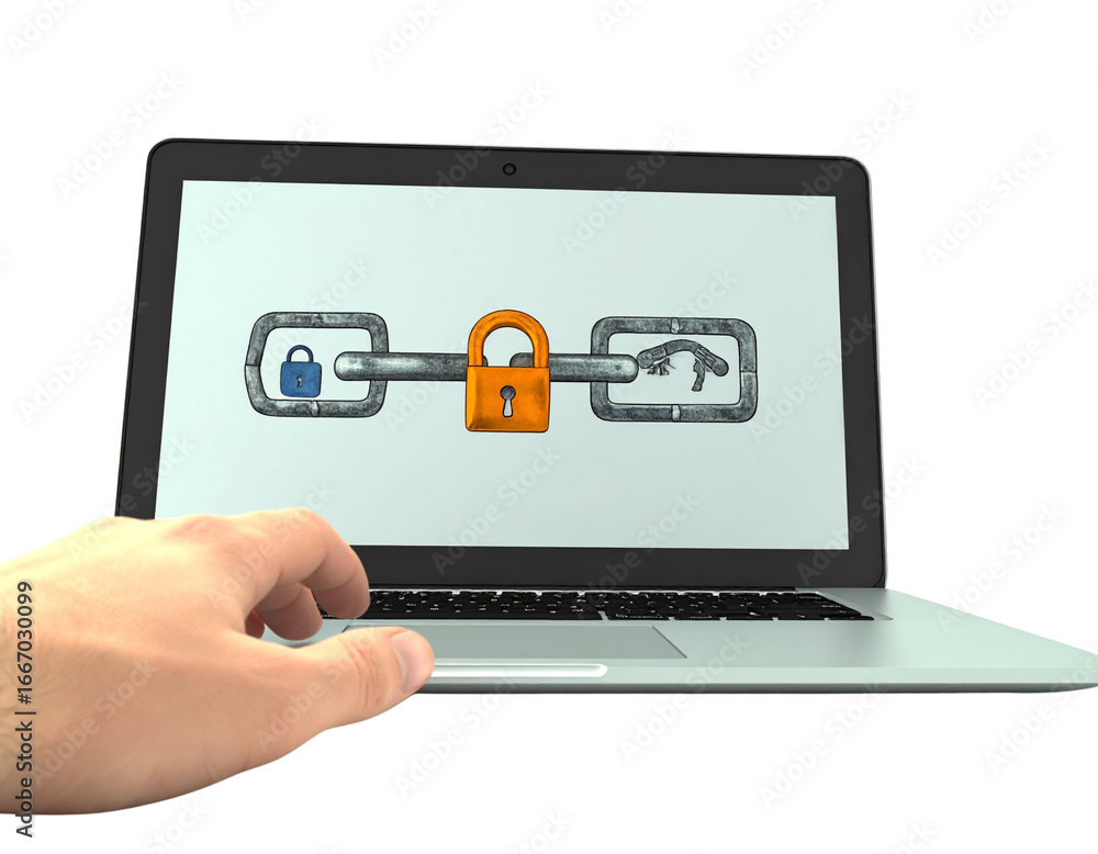 Poster laptop screen displaying digital security chain with padlock isolated on transparent background