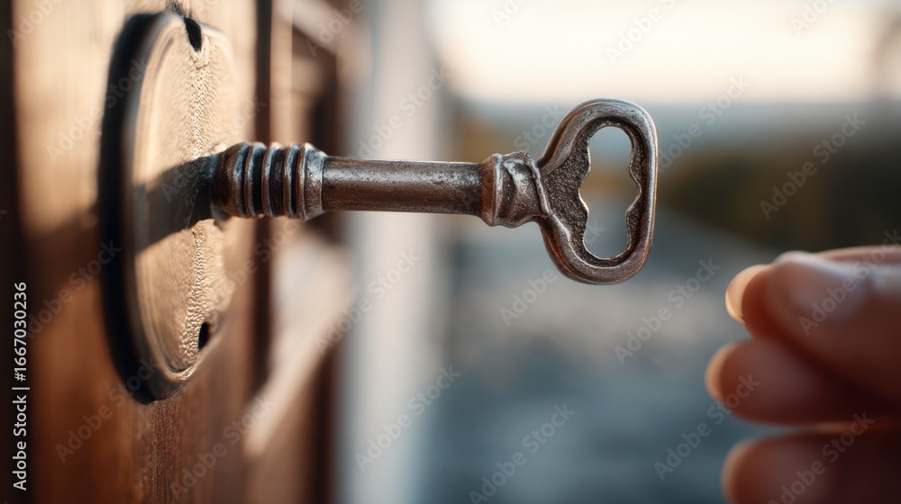 Poster medium shot of a key in sharp focus held in front of a softly blurred locked door embodying the conc