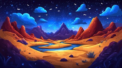 Cartoon - style Desert Landscape at Night with River, Clouds and Stars 