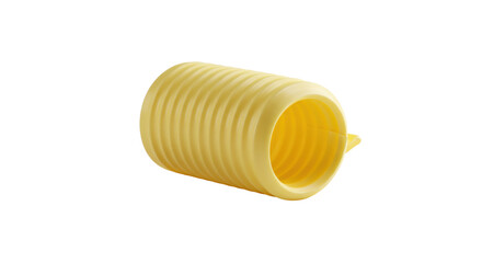 Perfectly sculpted golden-yellow butter curl with pristine smooth texture on transparent matte surface, clean minimalist studio background, soft diffused lighting, premium culinary concept