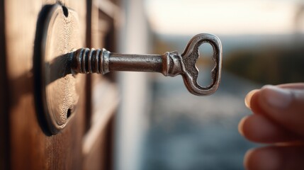 Medium shot of a key in sharp focus held in front of a softly blurred locked door embodying the concept of unlocking opportunities and solutions.
