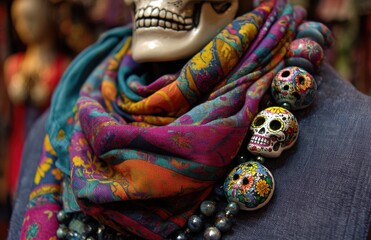 Mannequin wearing colorful dia de los muertos scarf and jewelry