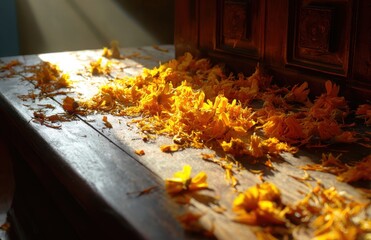 Sunbeam illuminating dried calendula flowers on rustic wooden table