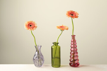 Beautiful gerbera flowers in glass vases on white table against light grey background