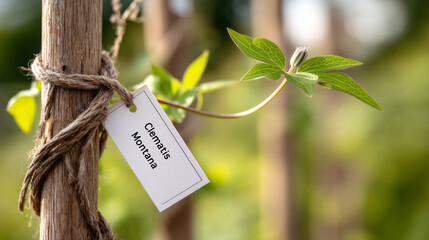 Clematis montana plant labeling in garden setting