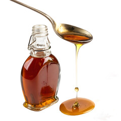 Maple Syrup Delicious Golden Syrup Pouring from Bottle and Spoon