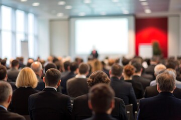 A large audience listens to a speaker at a business conference, with people sitting in rows facing the stage, creating a sense of engagement and participation in the corporate event