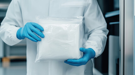 Laboratory worker holding sealed package with gloved hands for safe chemical handling
