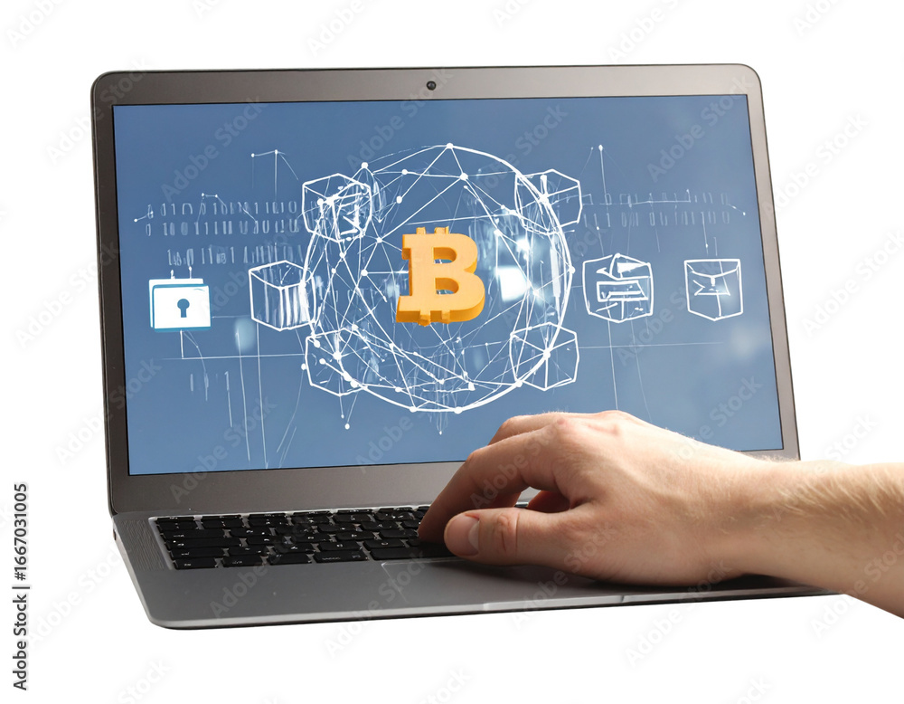 Poster hand typing on laptop displaying bitcoin blockchain technology isolated on transparent background
