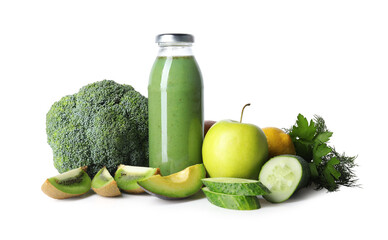 Tasty juice in glass bottle and ingredients isolated on white