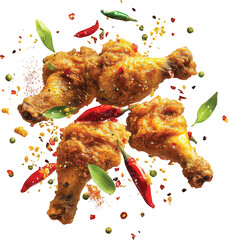 Crispy Fried Chicken Drumsticks with Chili Peppers and Spices on White Background golden brown