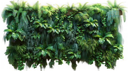 Lush green vertical garden wall with diverse foliage and plants, isolated on transparent background