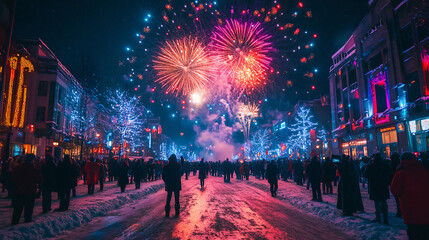 Obraz premium New Year fireworks city crowd at night, created with AI