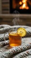 Warm tea by fireplace
