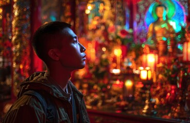 Young man contemplating in a colorful illuminated temple