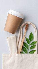 Sustainable lifestyle concept with reusable coffee cup, bamboo toothbrush, cotton bag, and green leaves for eco friendly living