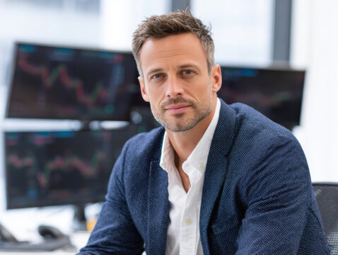 Confident businessman in blue blazer sits in modern office with multiple monitors displaying financial charts, focused and professional
