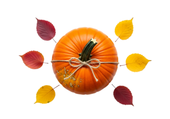A vibrant orange pumpkin encircled by autumn leaves against a stark black background.