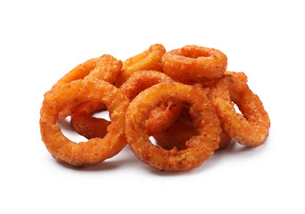 Fried squid rings isolated on white. Tasty fast food