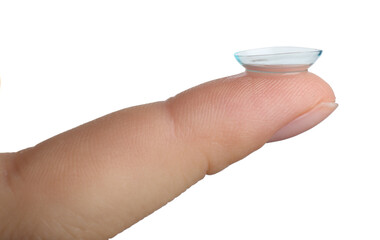 Woman with contact lens on white background, closeup