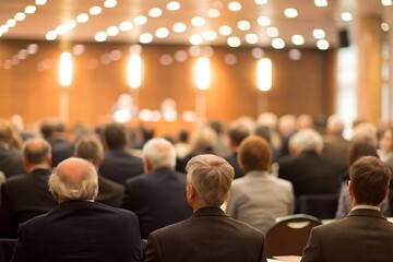 Rear view of audience listening to speaker during business conference in convention hall with stage and lights, showcasing a diverse group of people in a professional setting