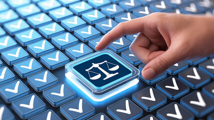 Ensuring legal compliance with scales of justice on button, hand pushes legal symbol button