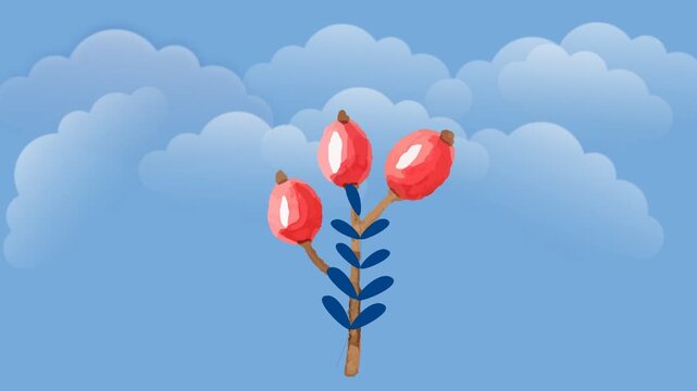 draw scenery of series of red bud plant with blue leaf and cloudy sky on blue screen background

