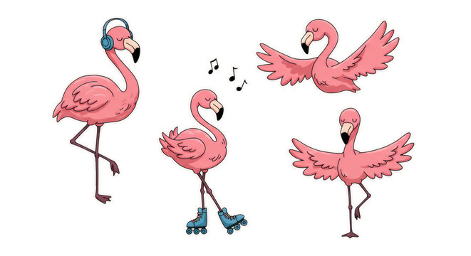 Whimsical collection of cute cartoon flamingos enjoying summer activities