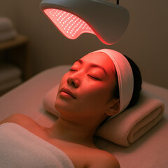 Woman receiving red light therapy lying on spa bed with LED panel above face. Clinical skincare treatment. Anti-aging and facial rejuvenation concept. Design for wellness and dermatology promotion