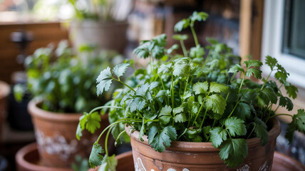 Cilantro leaves sway in a breezy porch pot
