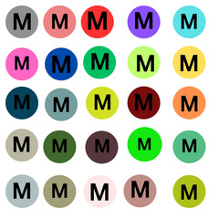 The image shows a grid of colorful circles, each with a bold black letter "m" in the center. The circles are arranged in 5 rows and 6 columns, with each circle having a different background color.	